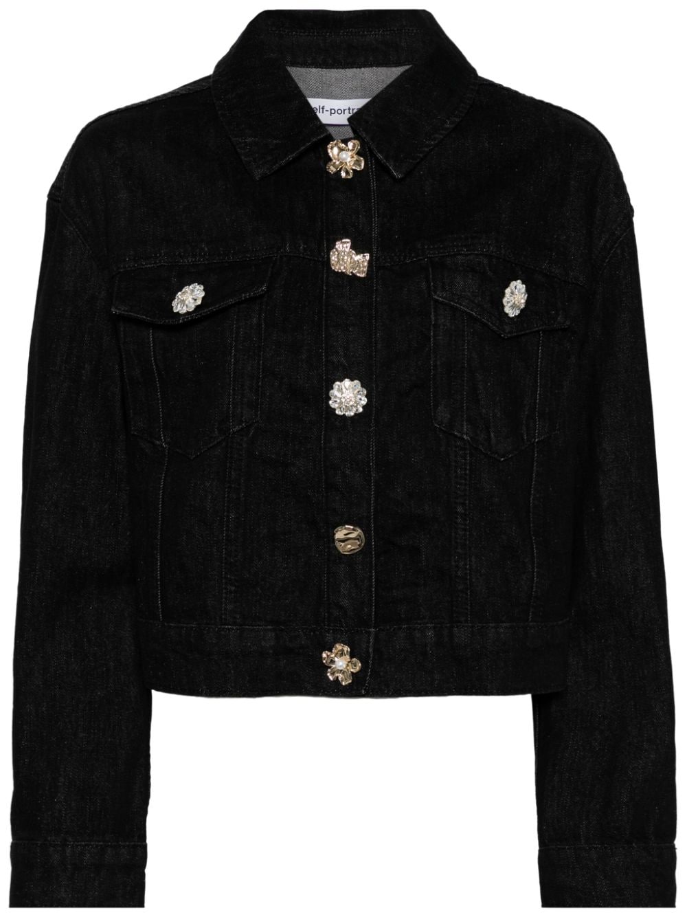 Self-portrait Crystal-embellished Denim Jacket In Black