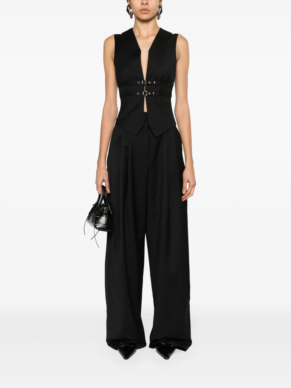 Shop Manurí Poppy Pinstriped Wide-leg Trousers In Black