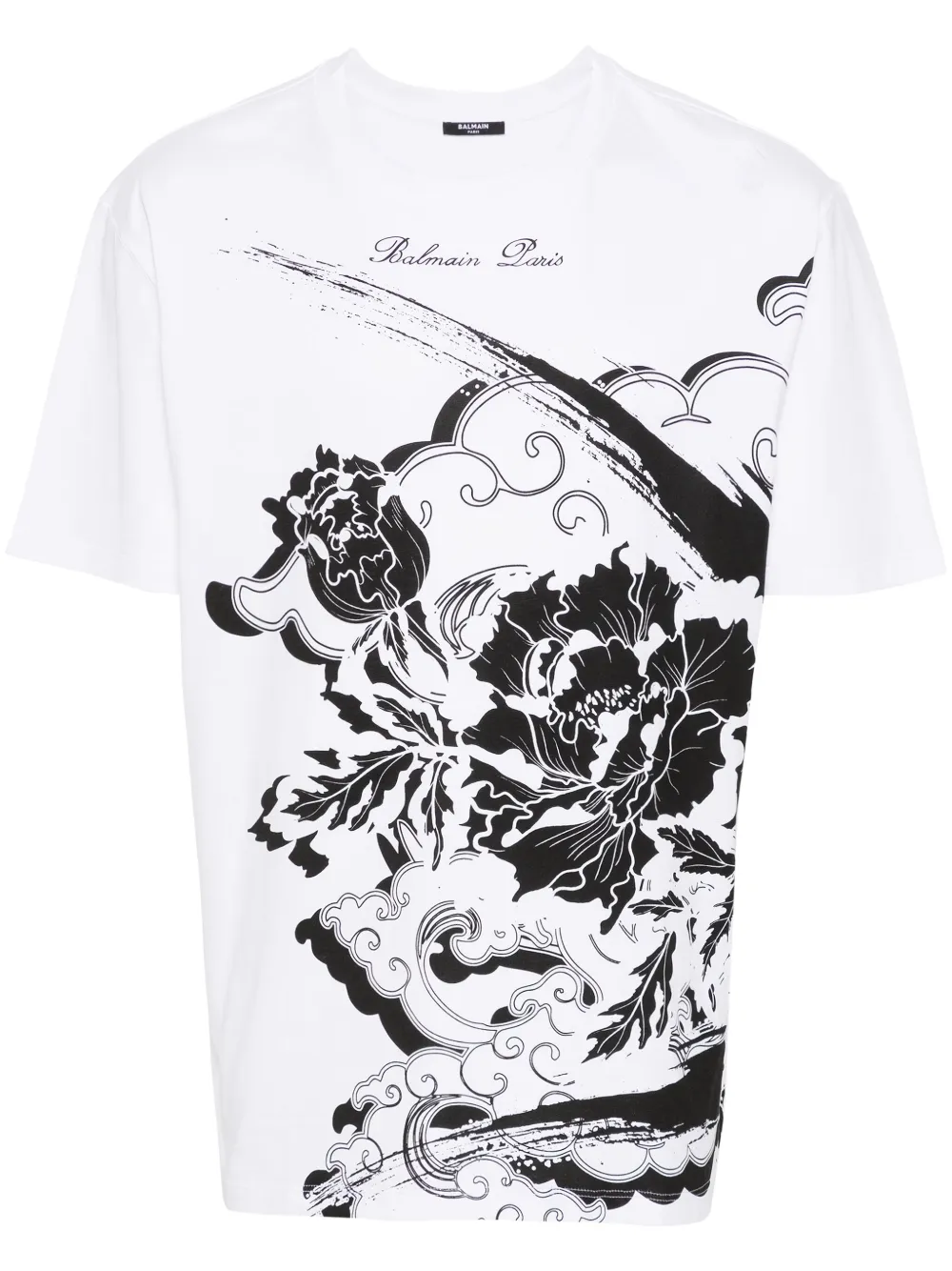 Balmain Floral-print Cotton T-shirt In 白色