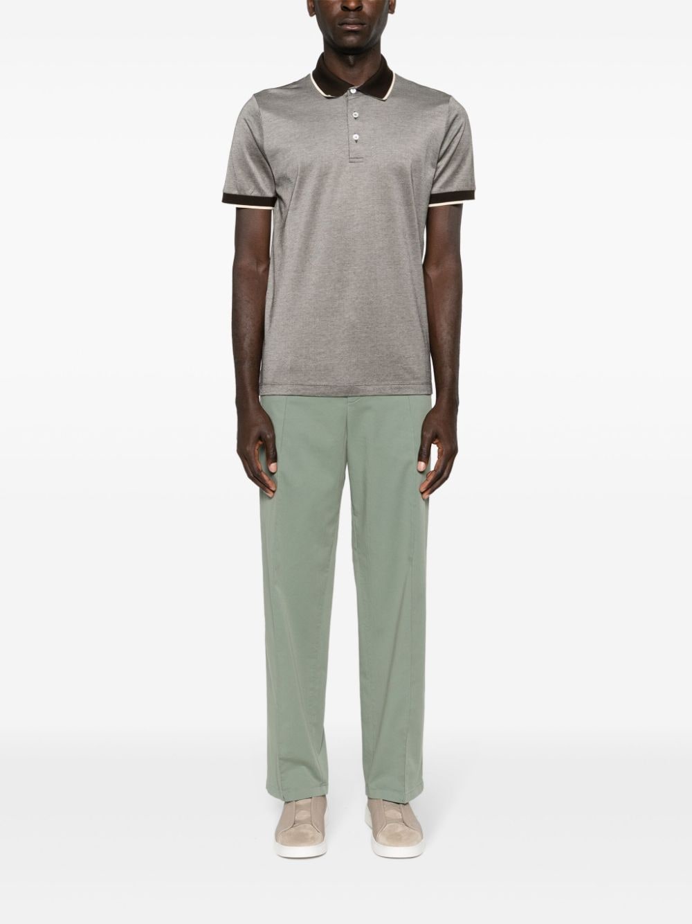 Shop Canali Contrasting-trim Piqué Polo Shirt In Brown