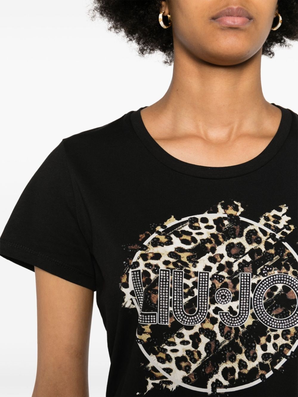 Shop Liu •jo Rhinestone-logo Leopard T-shirt In Black