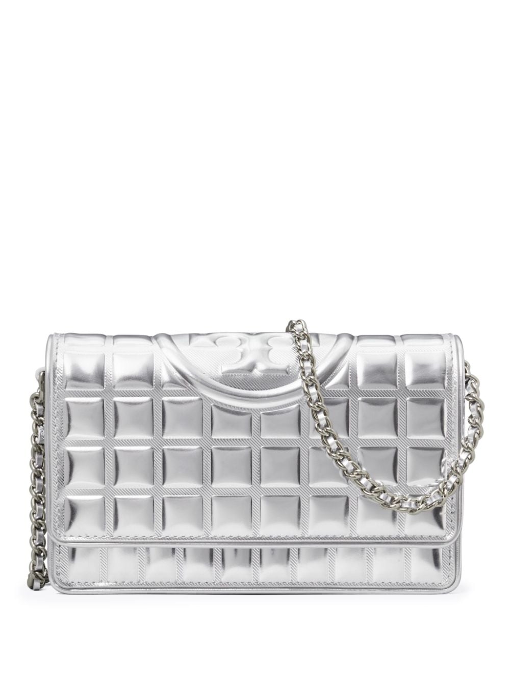 Shop Tory Burch Fleming Metallic Quilted Crossbody Bag In Silver