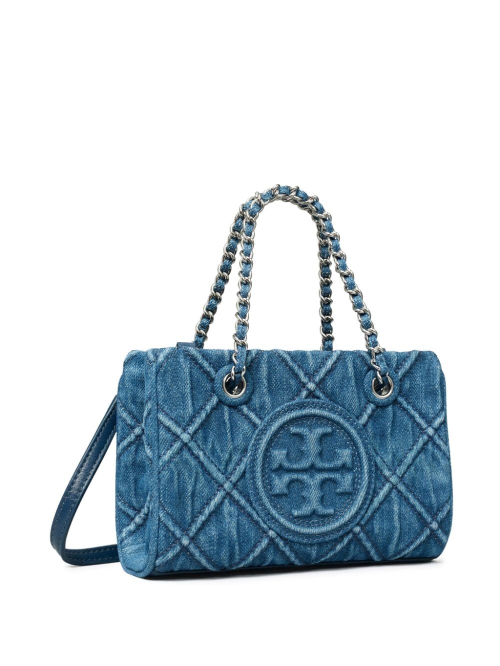 Shop Tory Burch Mini Fleming Denim Chain Tote Bag In Blue