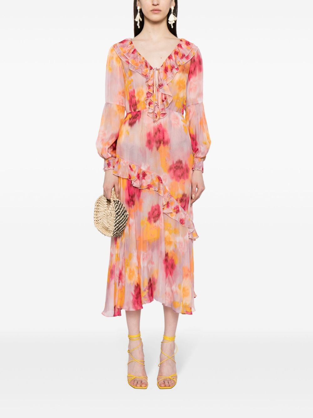 Shop Marchesa Rosa Graphic-print Ruffled Dress In 粉色