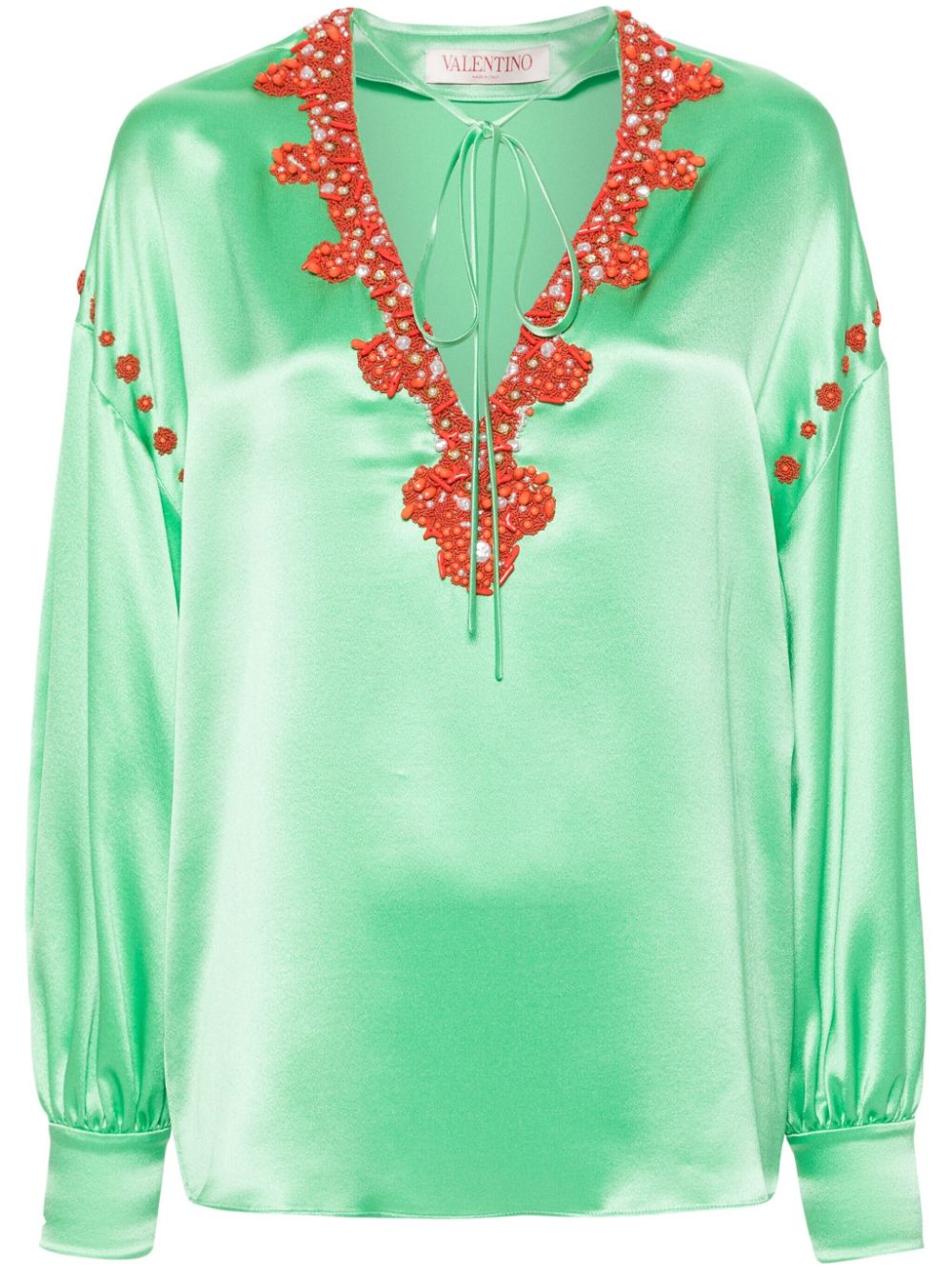Shop Valentino Bead-embroidered Silk Blouse In Green