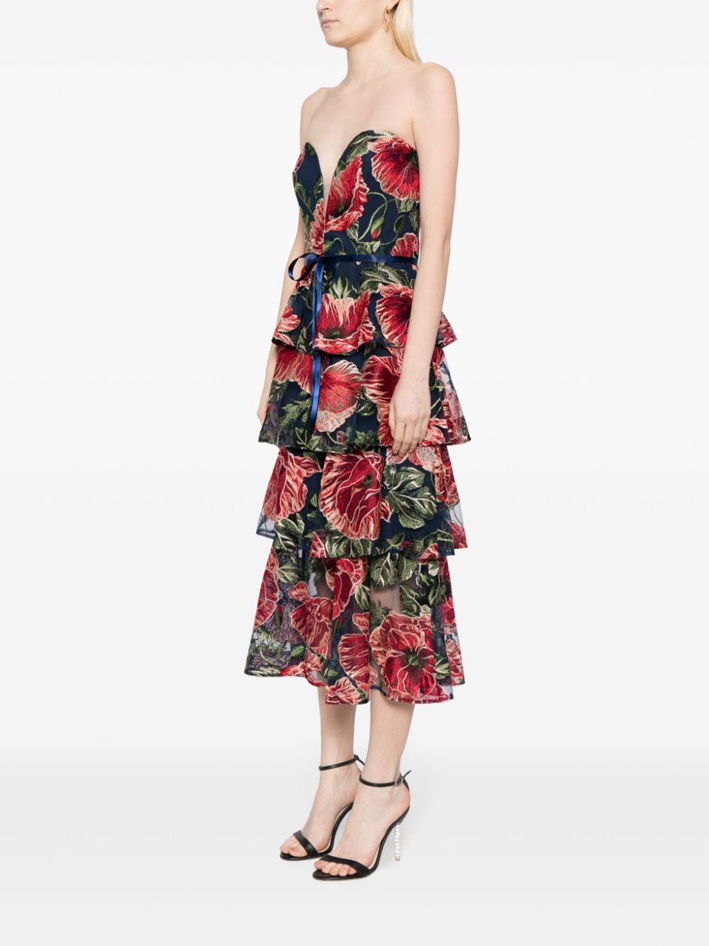 Shop Marchesa Notte Floral-embroidered Tiered Midi Dress In Blue
