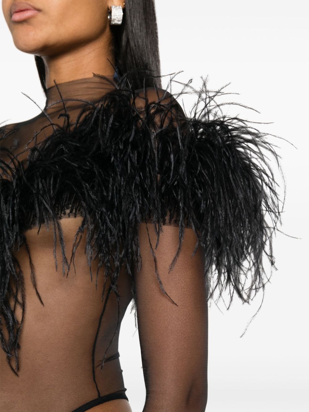 Shop Mugler Feather-trim Mesh Bodysuit In Black