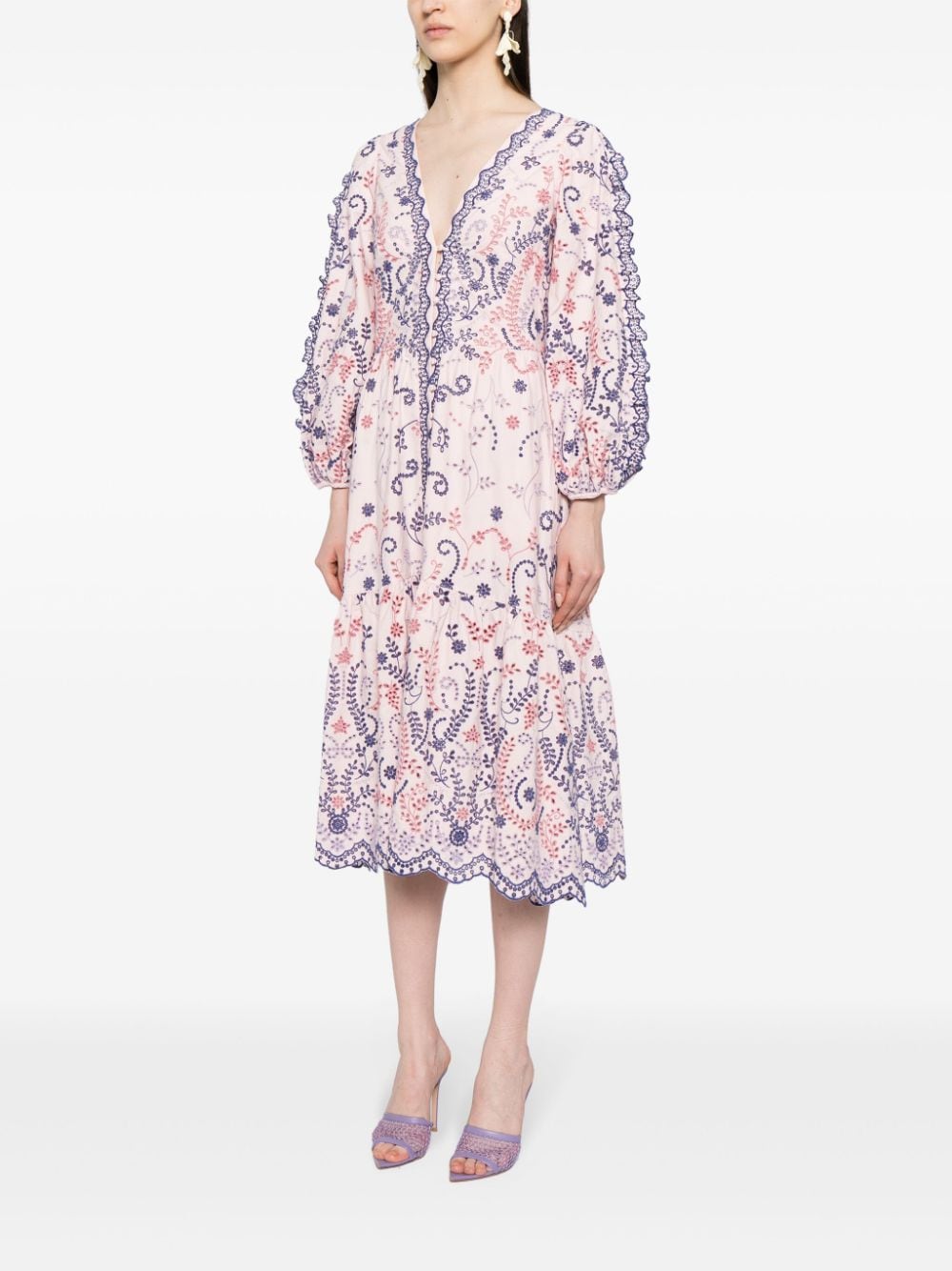 Shop Marchesa Rosa Floral-embroidered V-neck Dress In 粉色
