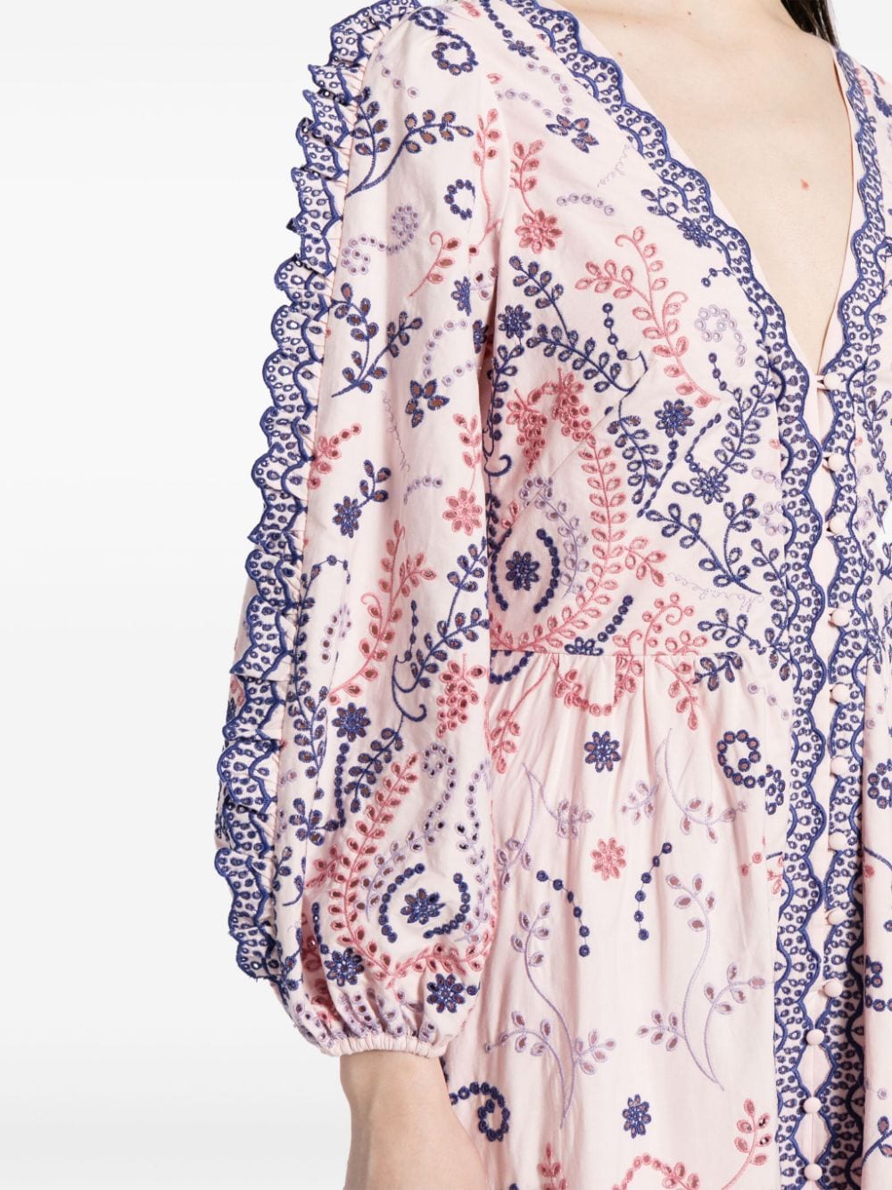 Shop Marchesa Rosa Floral-embroidered V-neck Dress In 粉色
