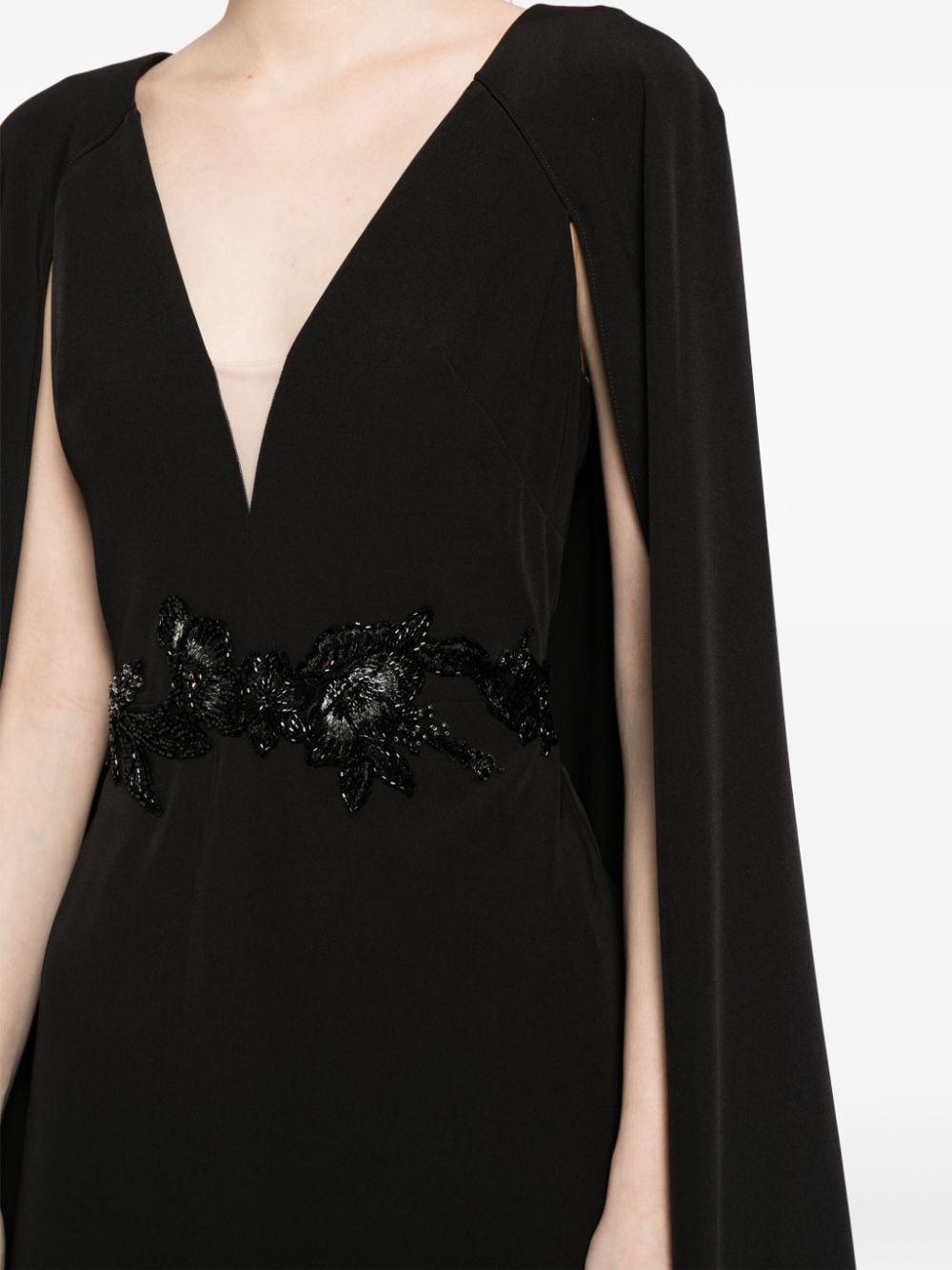 Shop Marchesa Notte Floral-appliqué Cape Gown In Black