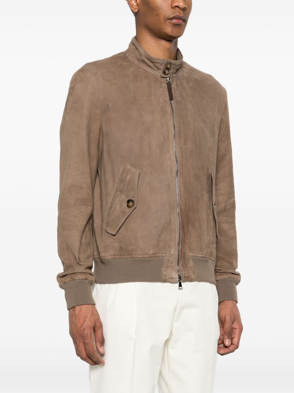 Shop Canali Suede Bomber Jacket In Brown