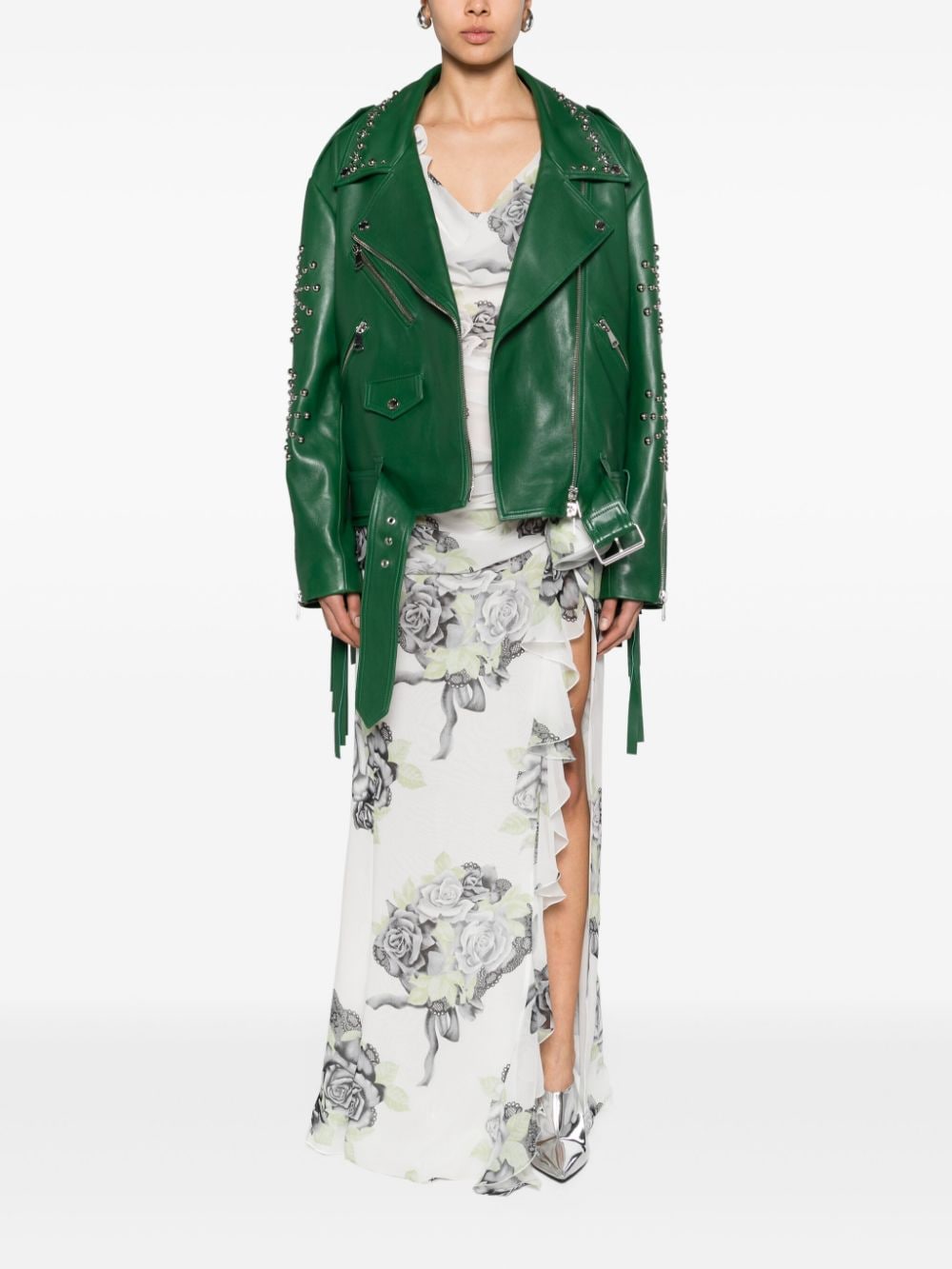 Shop Erdem Studded Fringed Leather Biker Jacket In Green