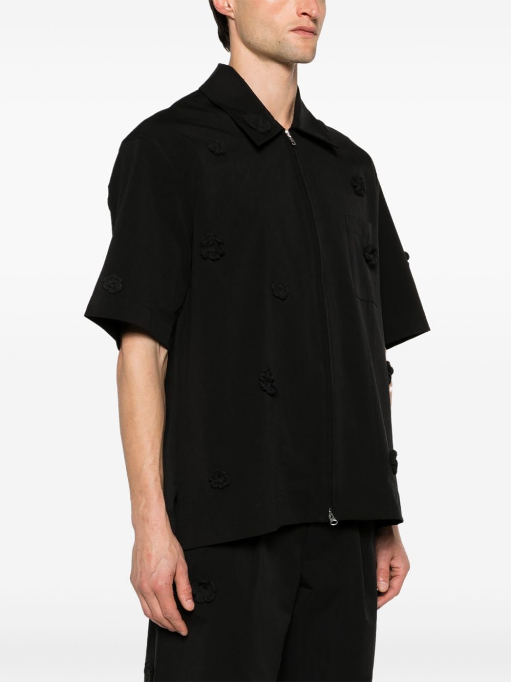 Shop Song For The Mute Floral-appliqué Zip-up Shirt In Black