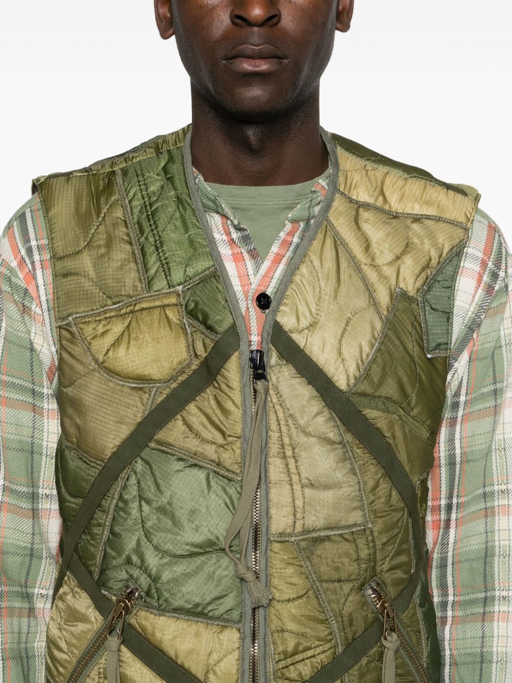 Shop Greg Lauren Patchwork Padded Gilet In Green