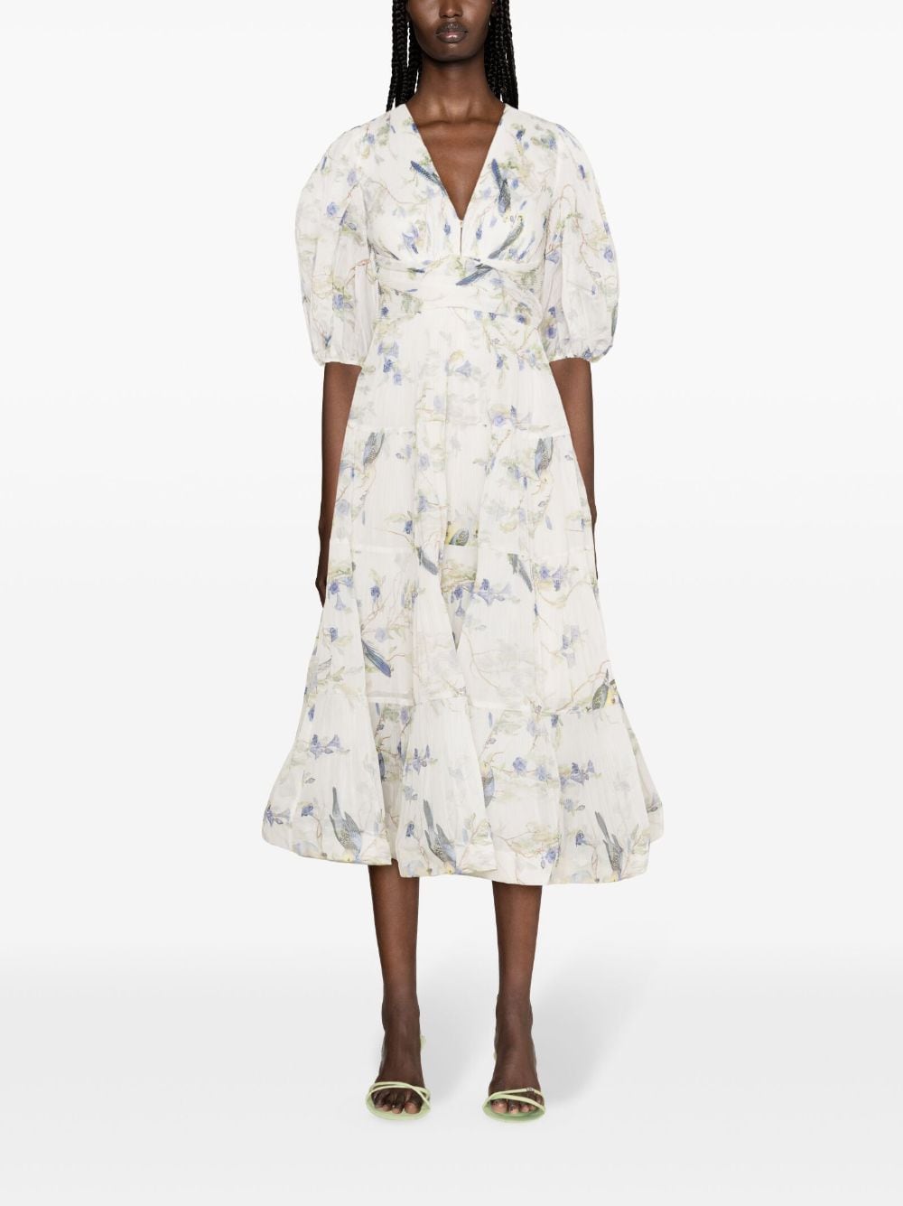 Shop Zimmermann Blue Birds-print Plissé Maxi Dress In Neutrals