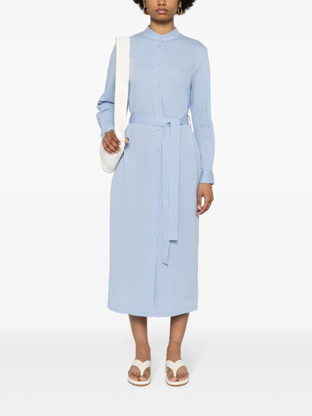 Shop Harris Wharf London Seersucker Belted Midi Dress In Blue