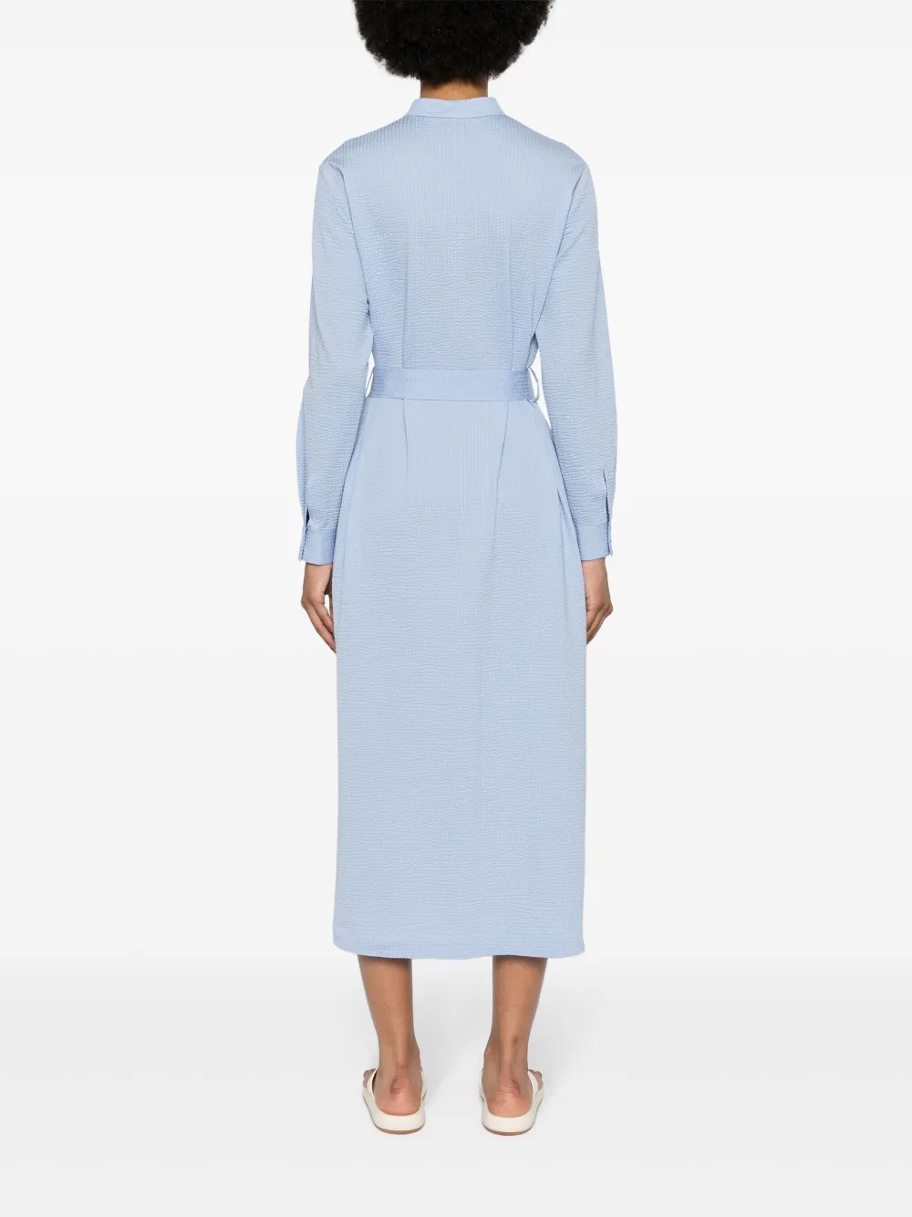 Shop Harris Wharf London Seersucker Belted Midi Dress In Blue