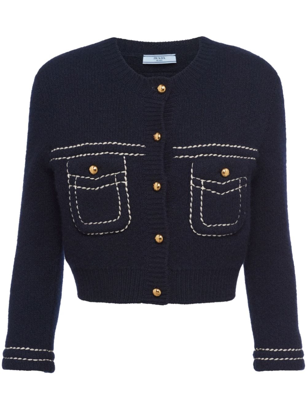 Shop Prada Contrast-stitching Cropped Cashmere Cardigan In Blue