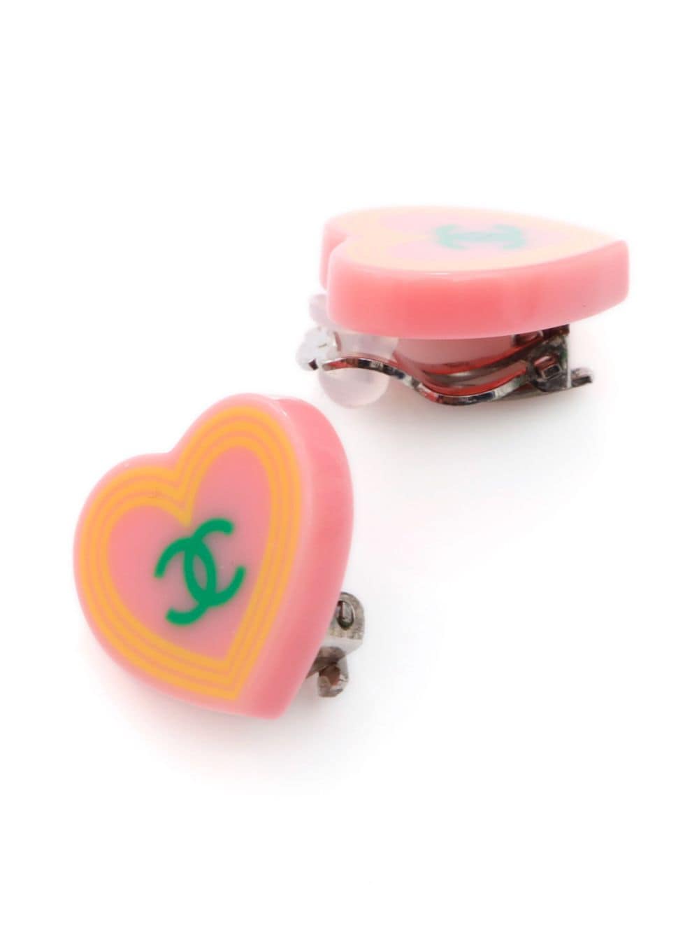 Pre-owned Chanel 2004 Cc Heart Clip-on Earrings In Pink