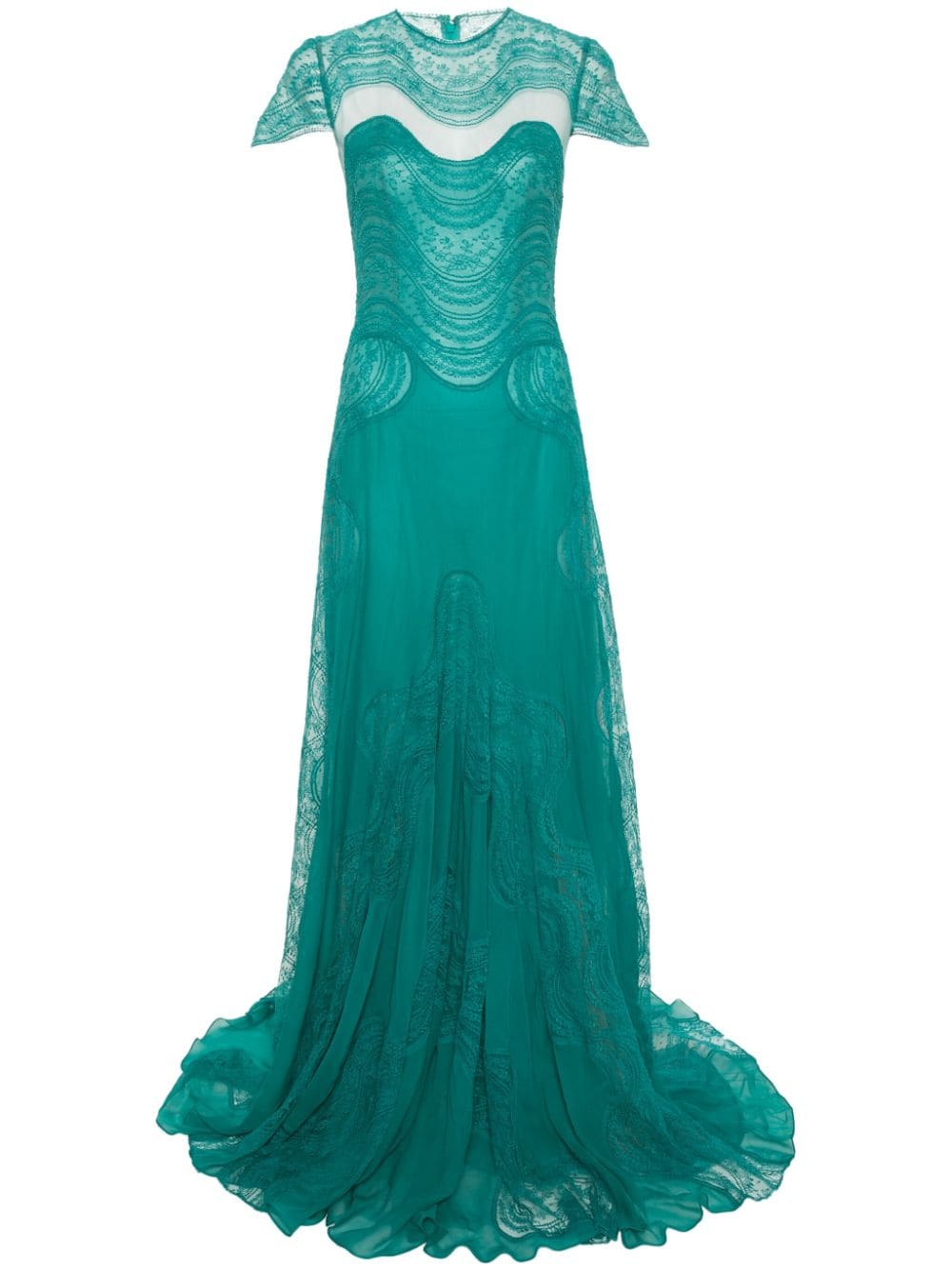 Shop Costarellos Floral-lace Silk Maxi Dress In Green