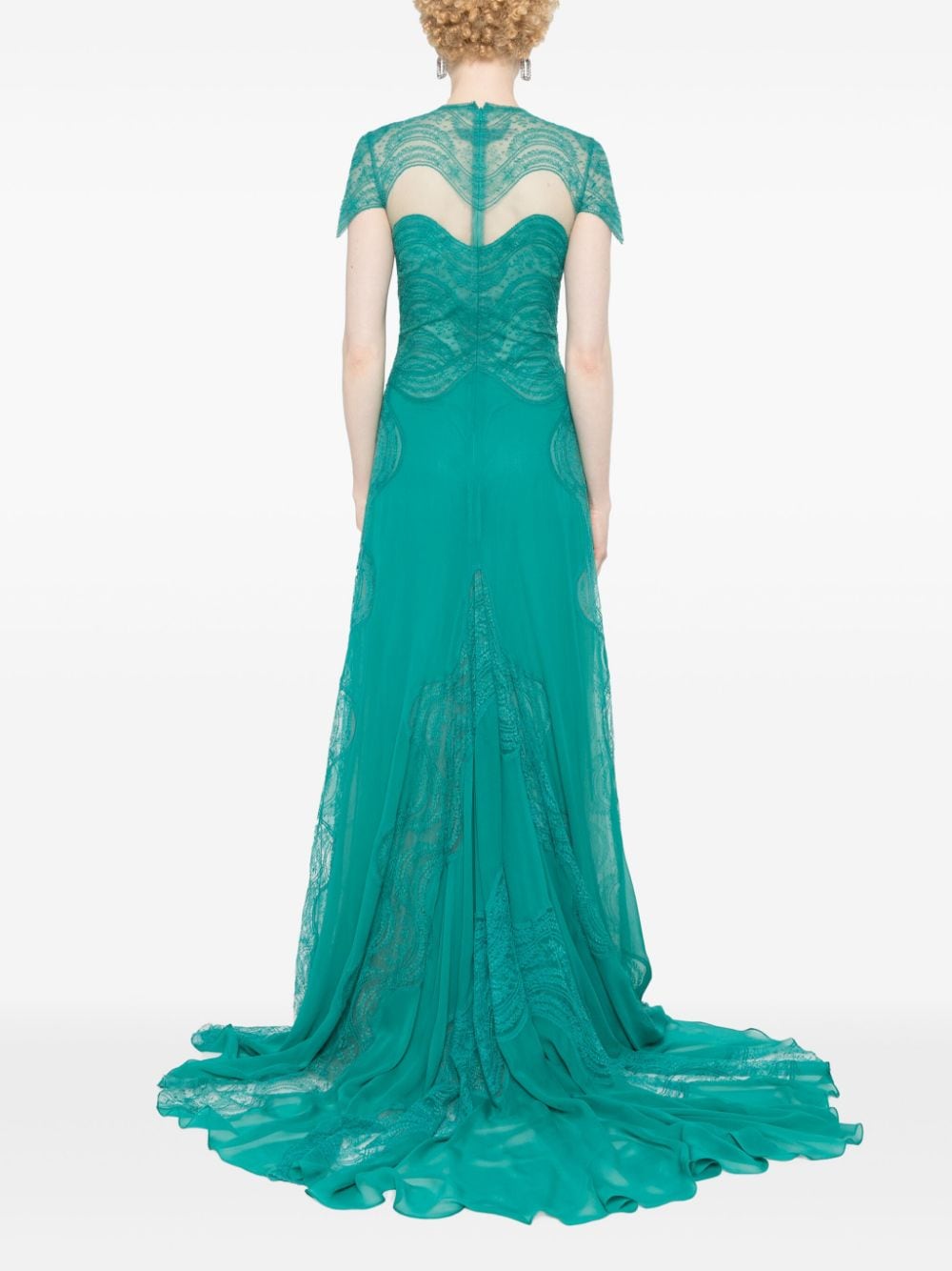 Shop Costarellos Floral-lace Silk Maxi Dress In Green
