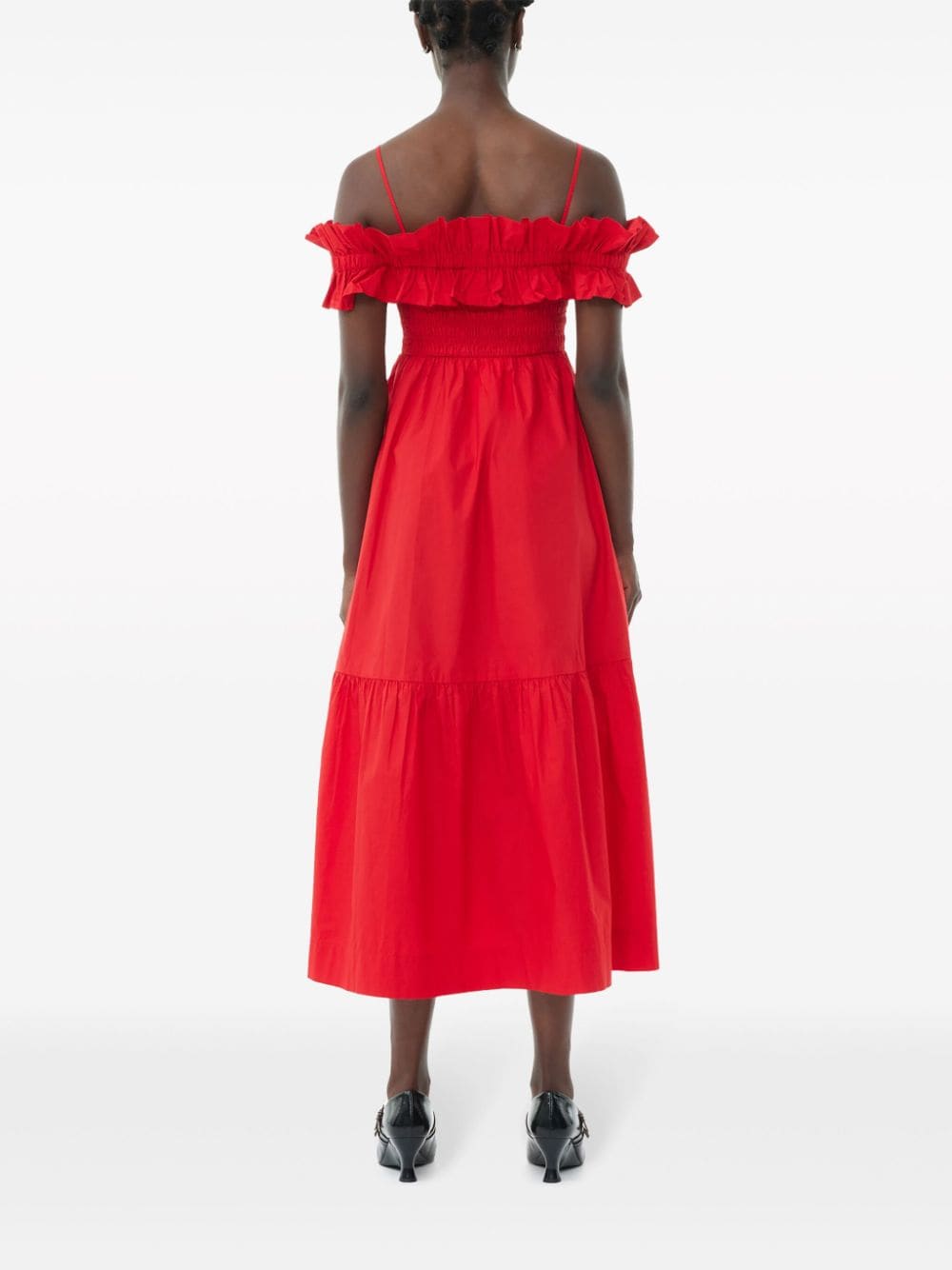 Shop Ganni Ruffled Poplin Midi Dress In Red