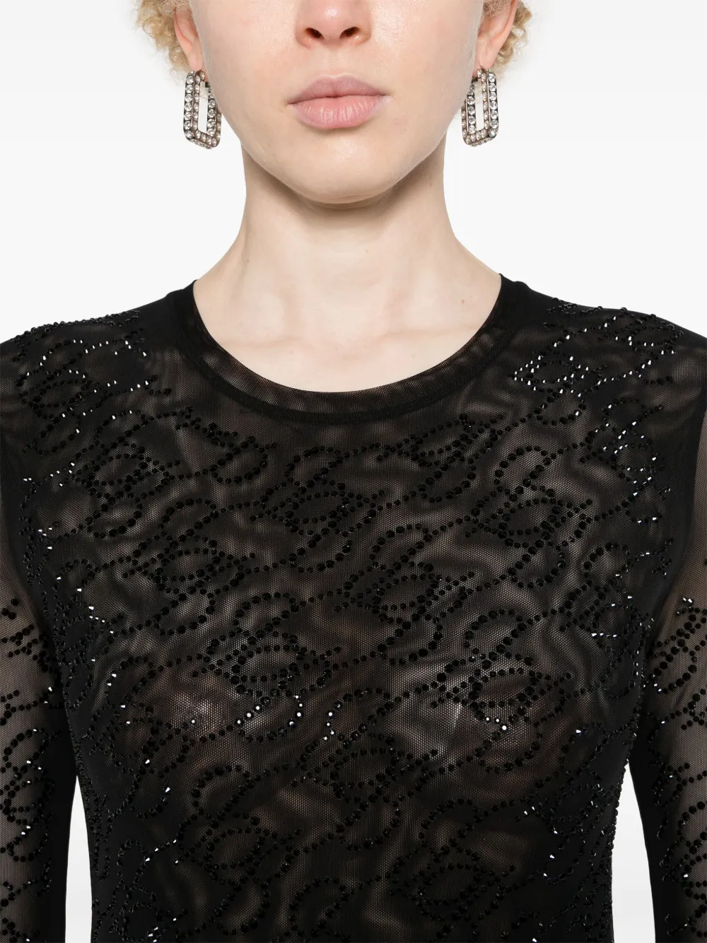 Shop Blumarine Rhinestone-logo Mesh Top In Black