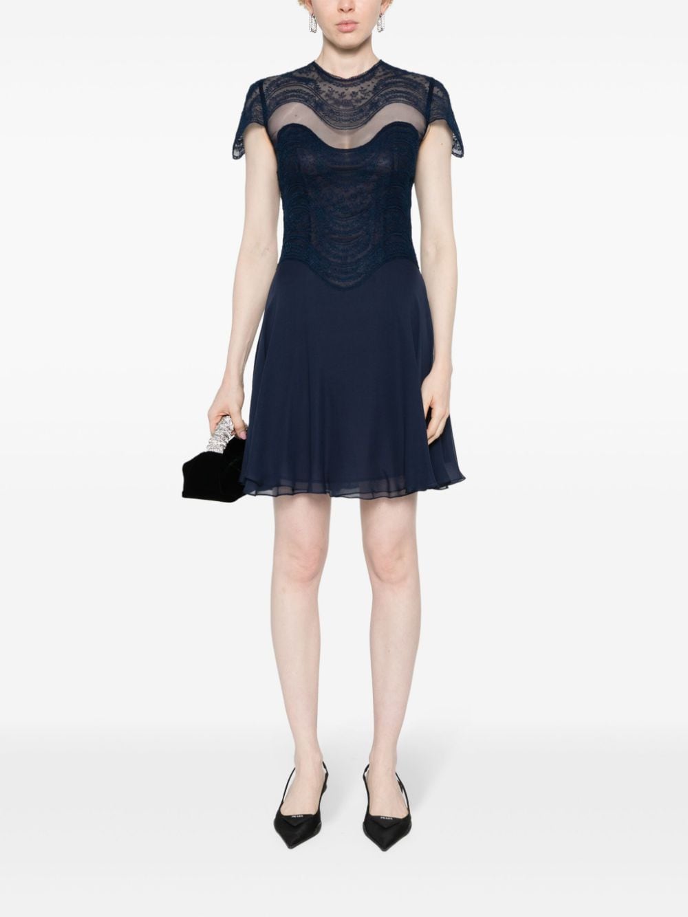 Shop Costarellos Floral-lace Silk Mini Dress In Blue
