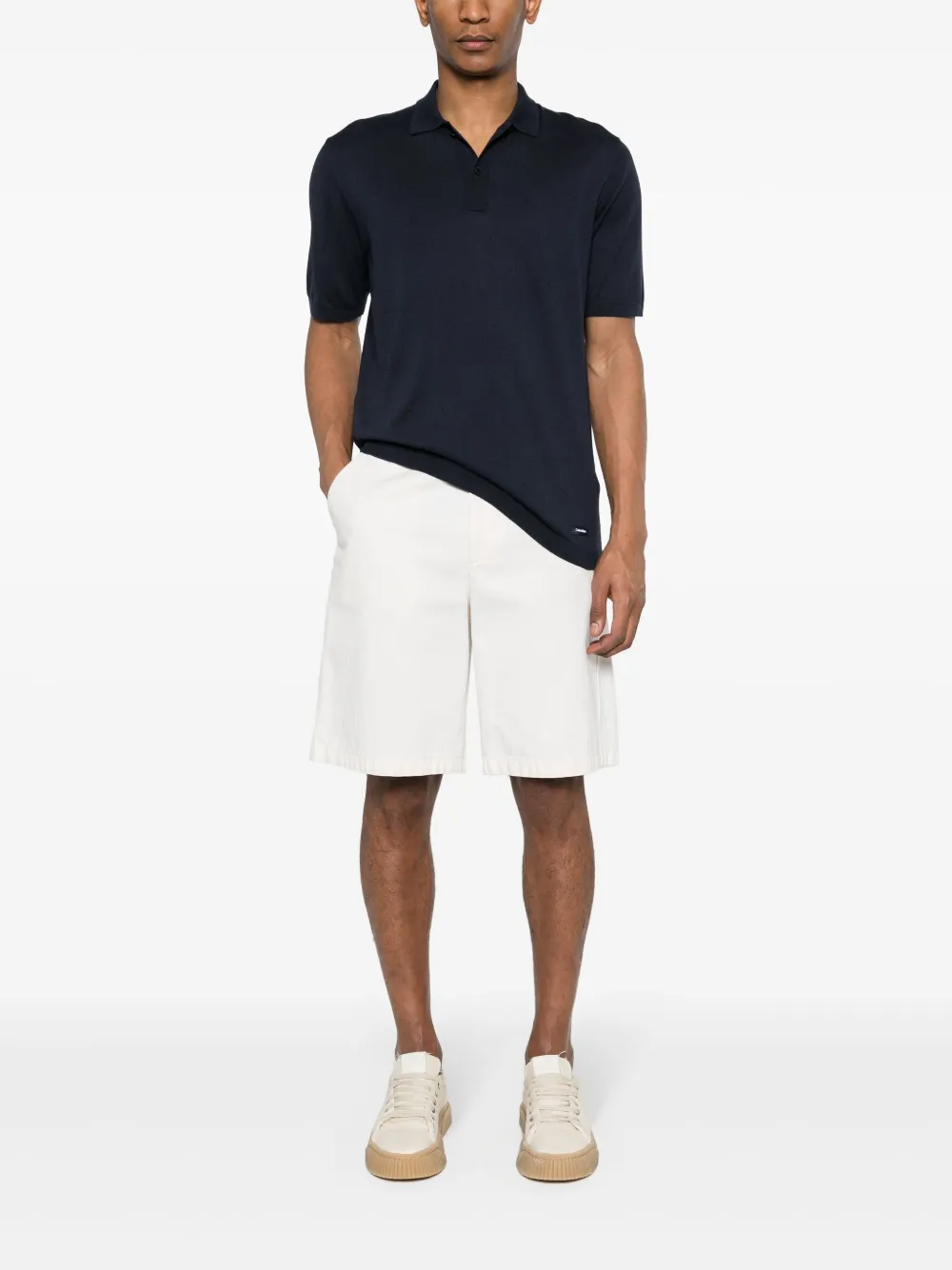 Shop Calvin Klein Rubberised-logo Knitted Polo Shirt In Blue