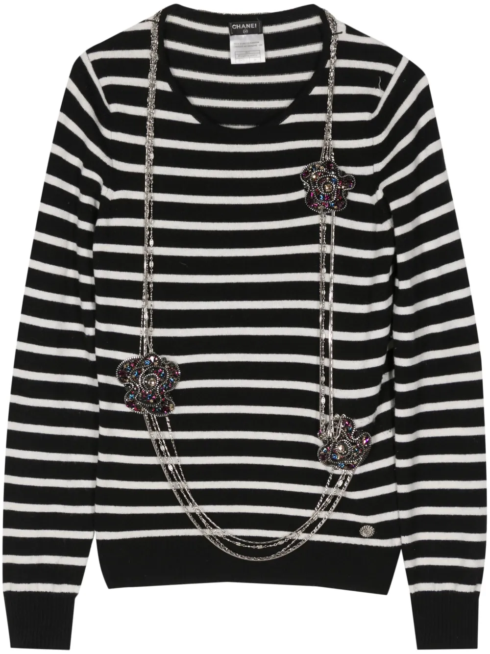 CHANEL Pre-Owned 2008 Camélia-appliqué striped jumper – Black