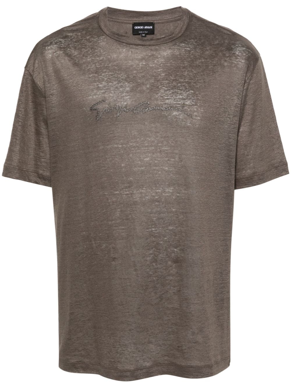 Giorgio Armani Logo-embroidered Linen T-shirt In Green