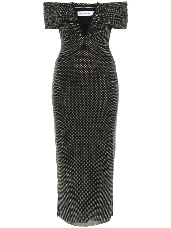 【SELF PORTRAIT】装飾マキシドレス Black Rhinestone Fishnet Crossover Maxi Dress – self-portrait-US