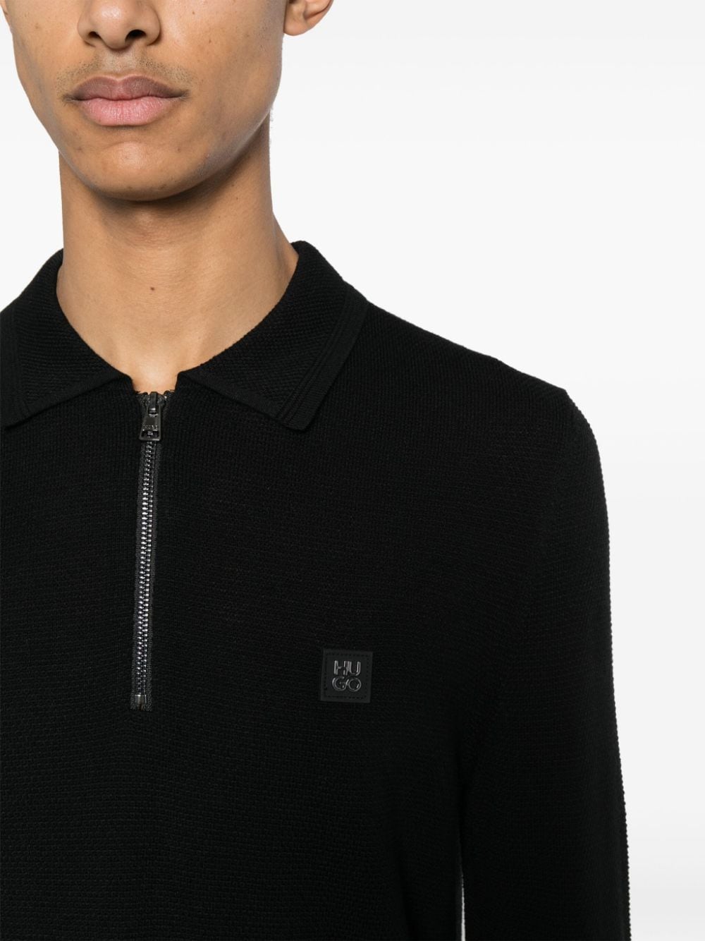 Shop Hugo Appliqué-logo Waffle-knit Polo Shirt In Black