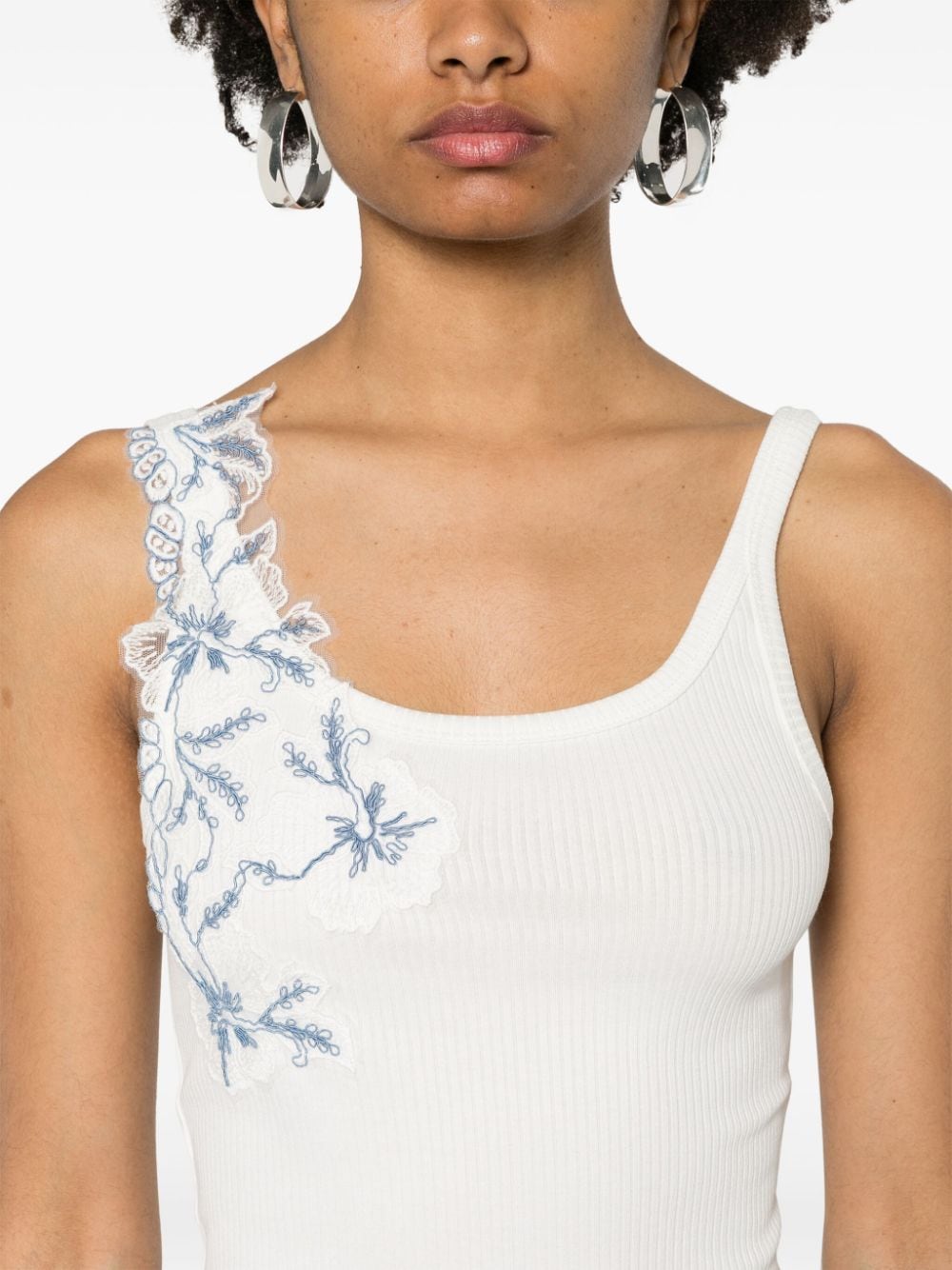 Shop Ermanno Firenze Floral-lace-detail Ribbed Top In White