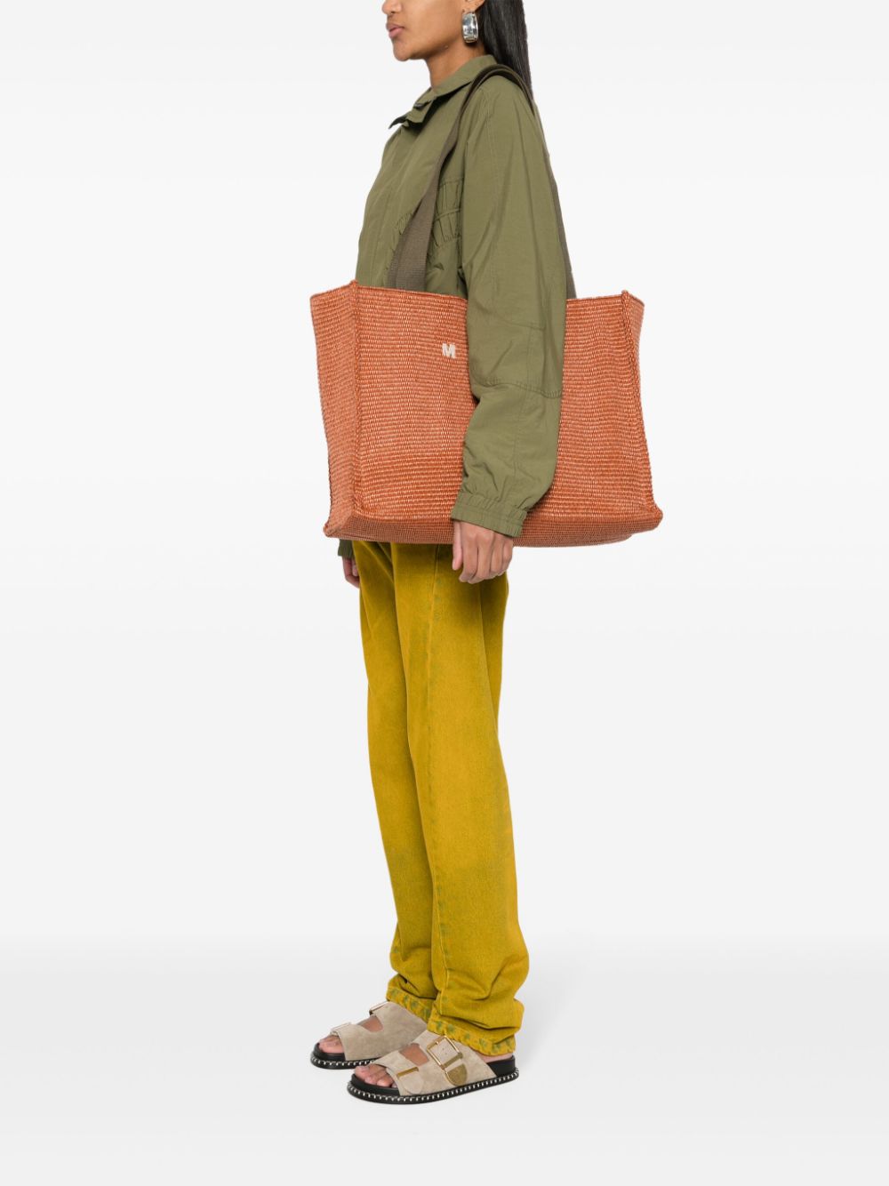 Shop Marni Large Woven-raffia Tote Bag In Orange