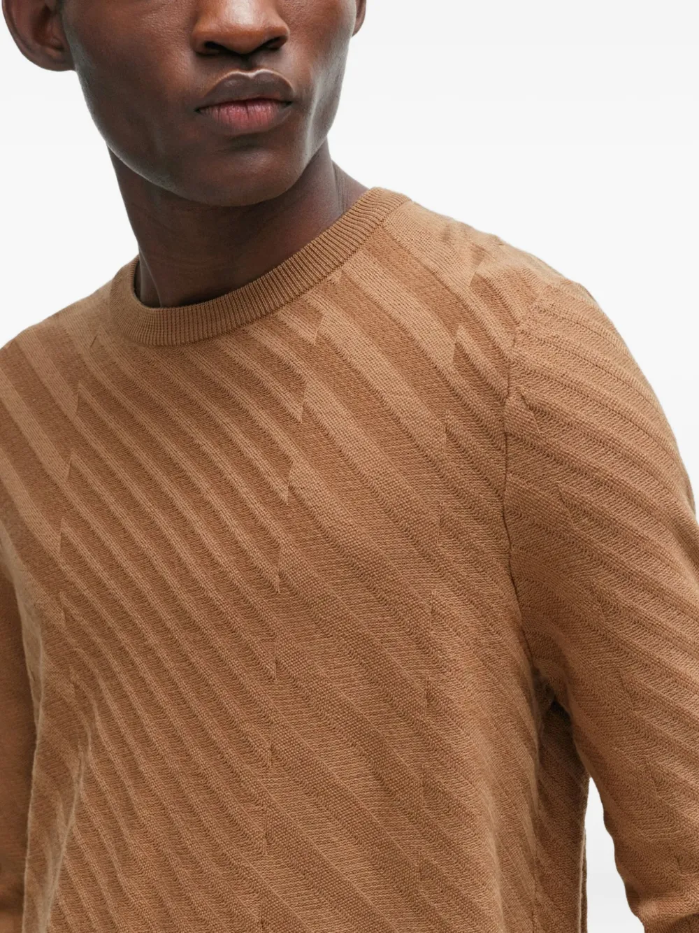 Hugo Boss Diagonal-pattern Crew-neck Sweater In Brown