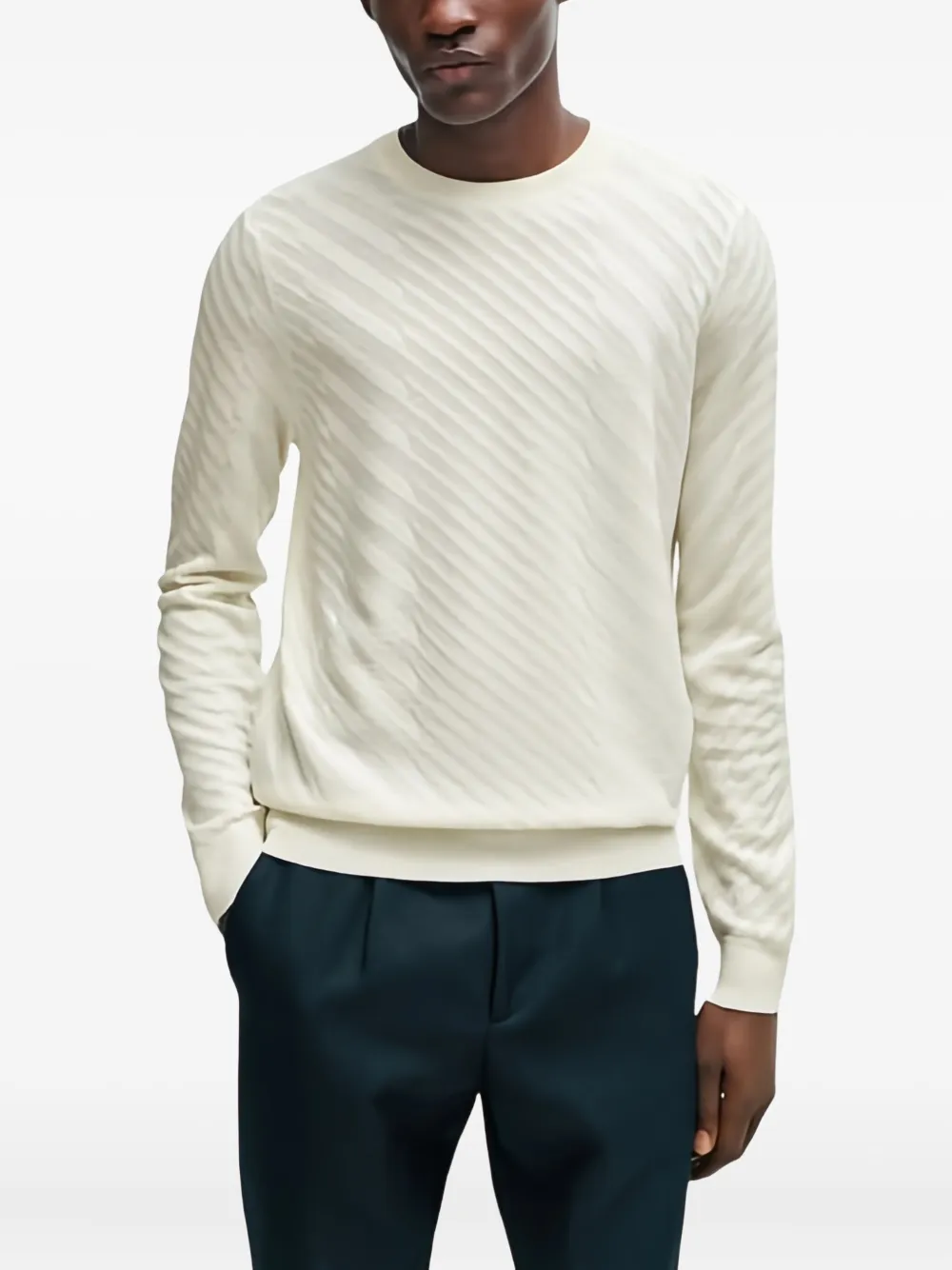 Hugo Boss Diagonal-pattern Crew-neck Sweater In White