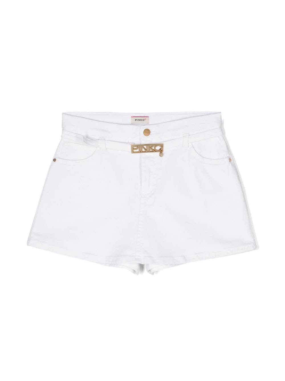 Pinko Kids' Logo-buckle Denim Shorts In White