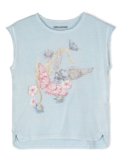Zadig & Voltaire Kids floral-butterfly rhinestone T-shirt