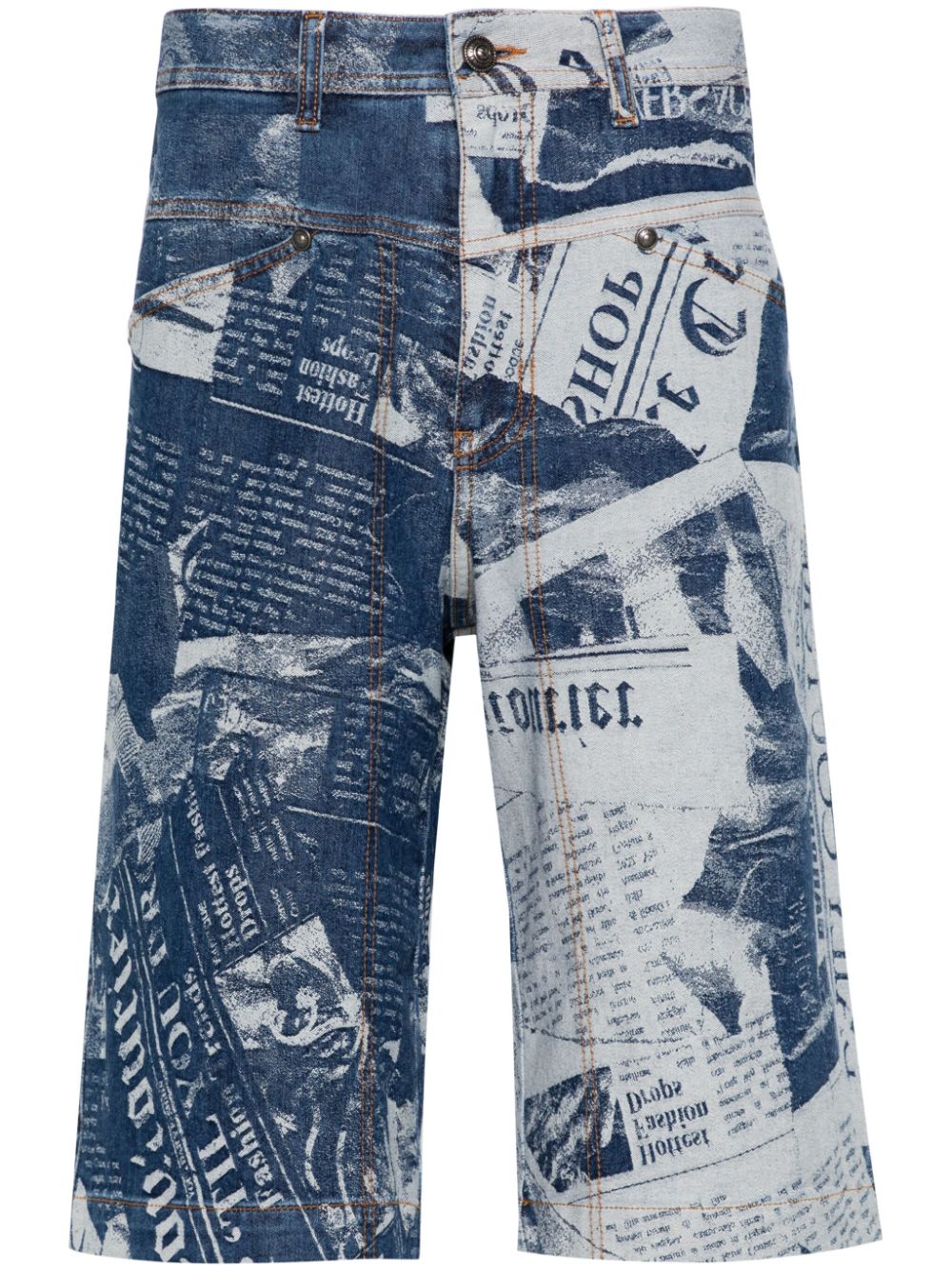 Versace Jeans Couture Newspaper-print Denim Shorts In Blue
