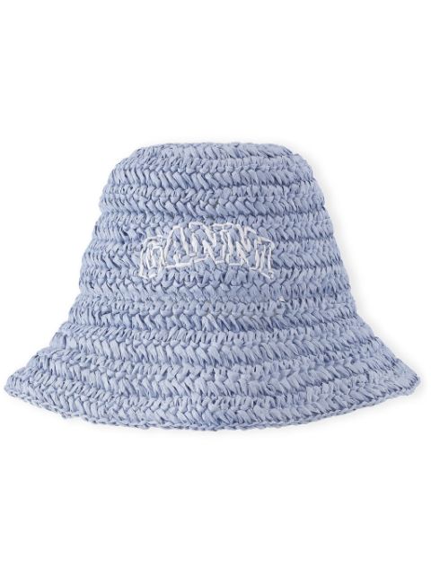 GANNI logo-embroidered straw bucket hat Women