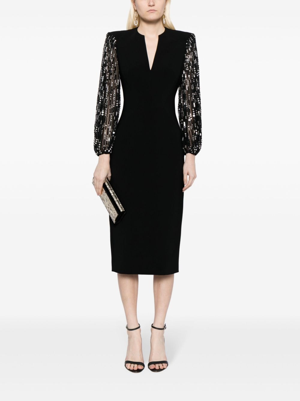 Shop Jenny Packham The Swan Sequin-sleeve Midi Dress In Black