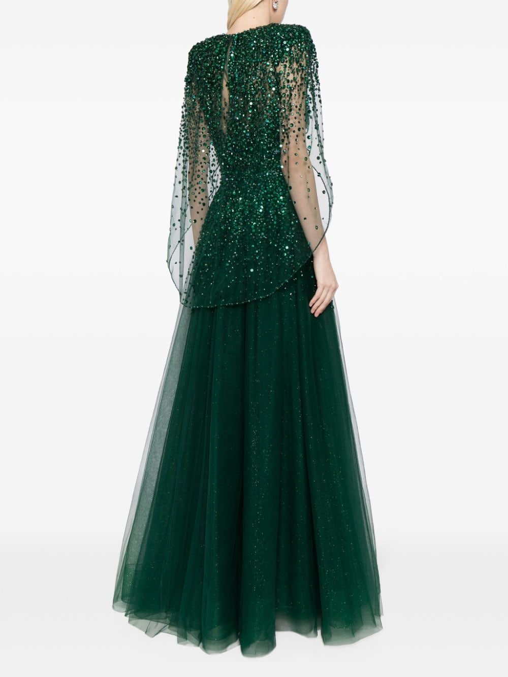 Shop Jenny Packham Osha Sequin-embellished Cape Gown In Green