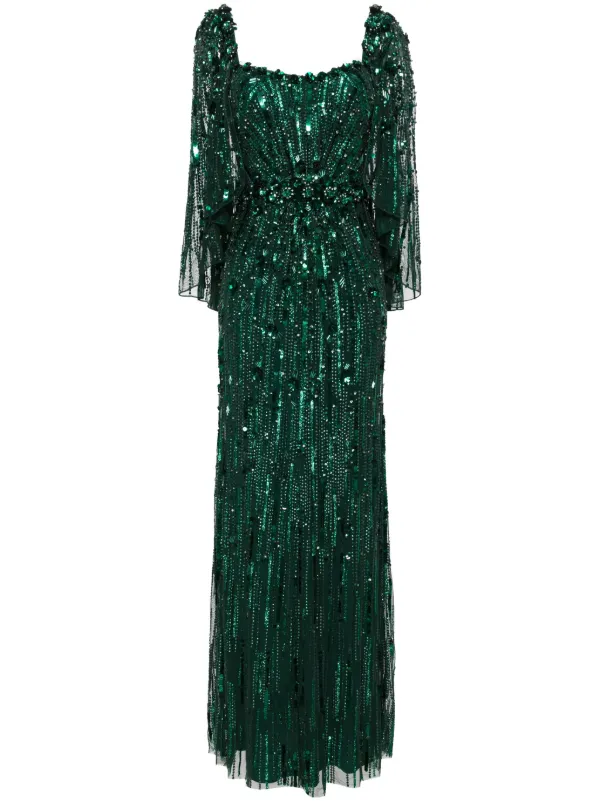 slim fit dress slacks Ieena for Mac Duggal Sequined Long Sleeve Open Back Ruched Dress in main image 1