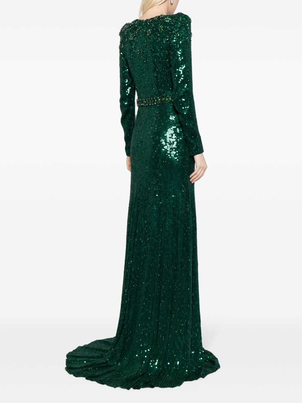 Shop Jenny Packham Georgia Sequined Long-sleeve Gown In Green