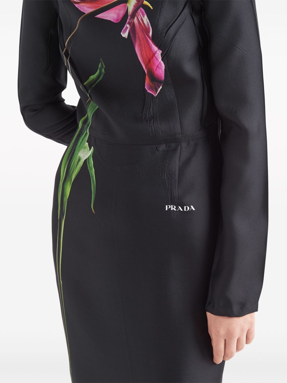Shop Prada Floral-print Silk Midi Dress In Black
