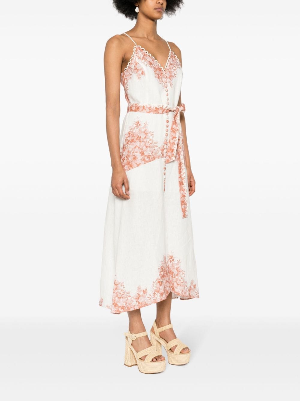 Shop Twinset Floral-print Linen Midi Dress In Neutrals