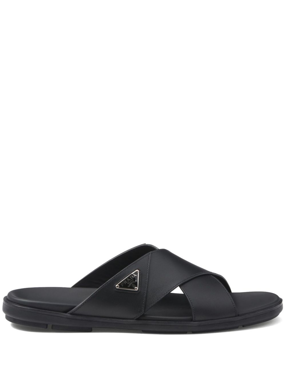 PRADA LEATHER CRISSCROSS SLIDES