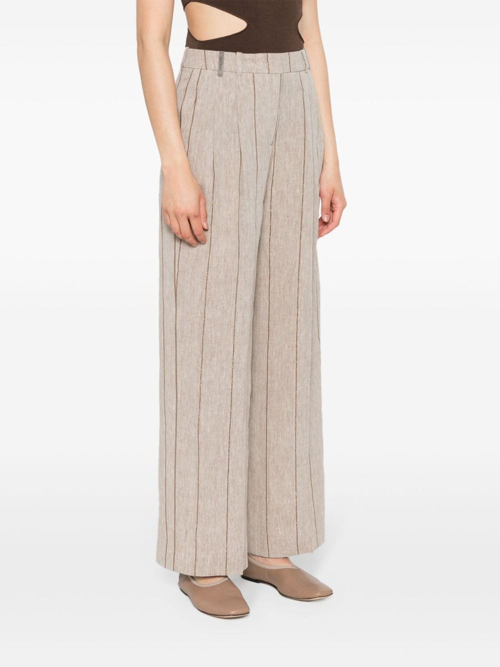Shop Peserico Striped Straight-leg Trousers In Brown