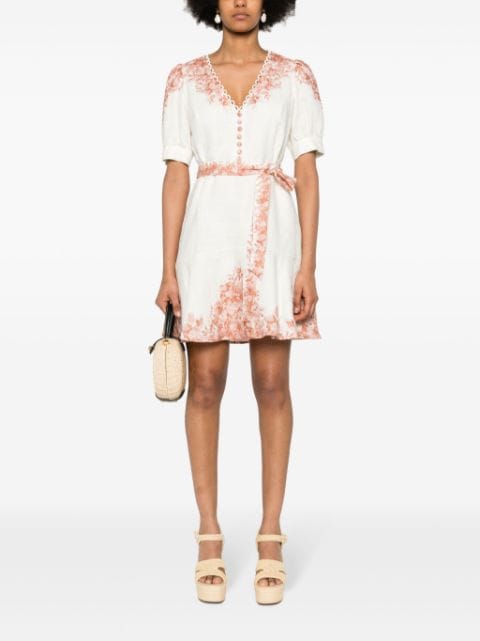 floral-print linen mini dress